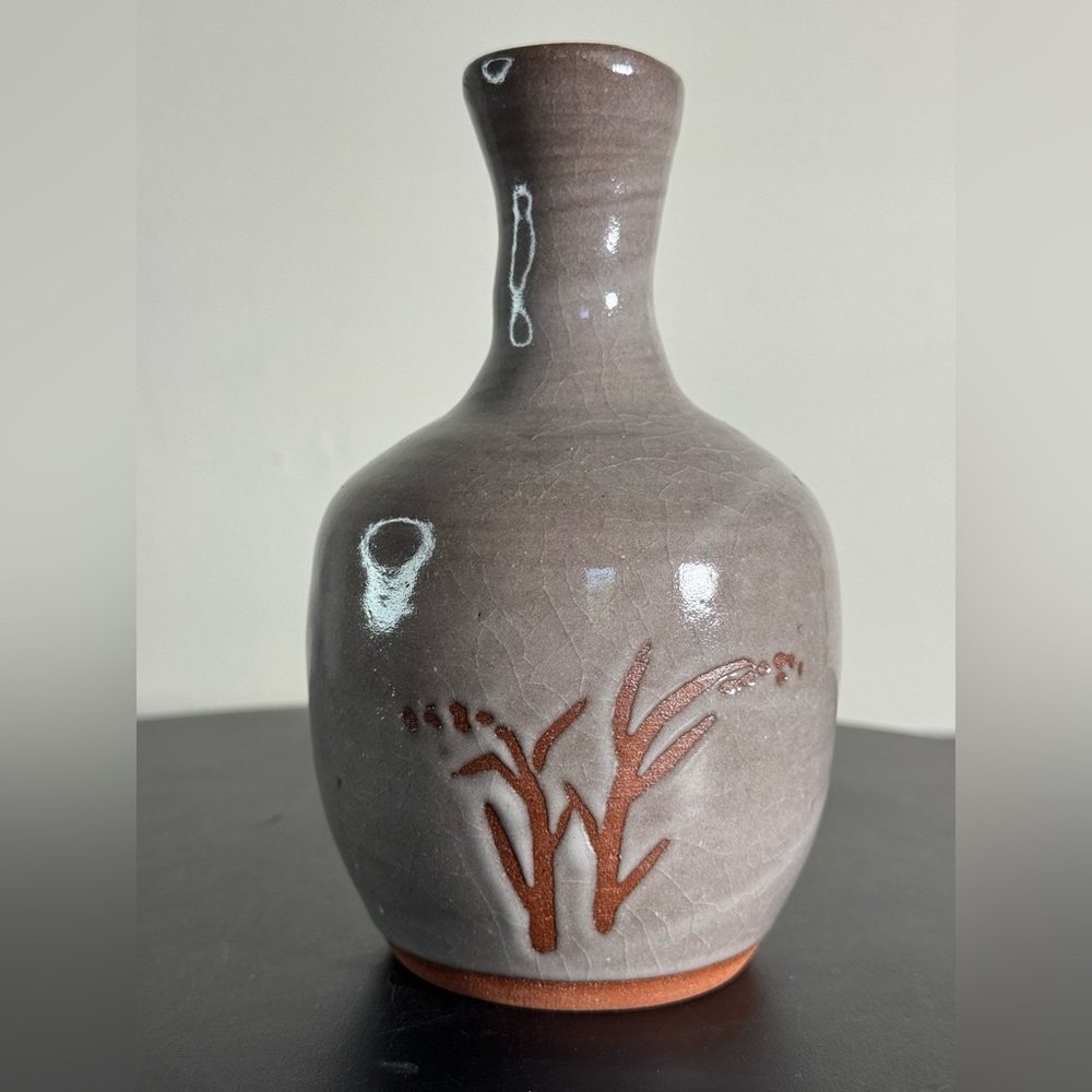 Vintage Japanese handmade clay vase in relief Artist Signed